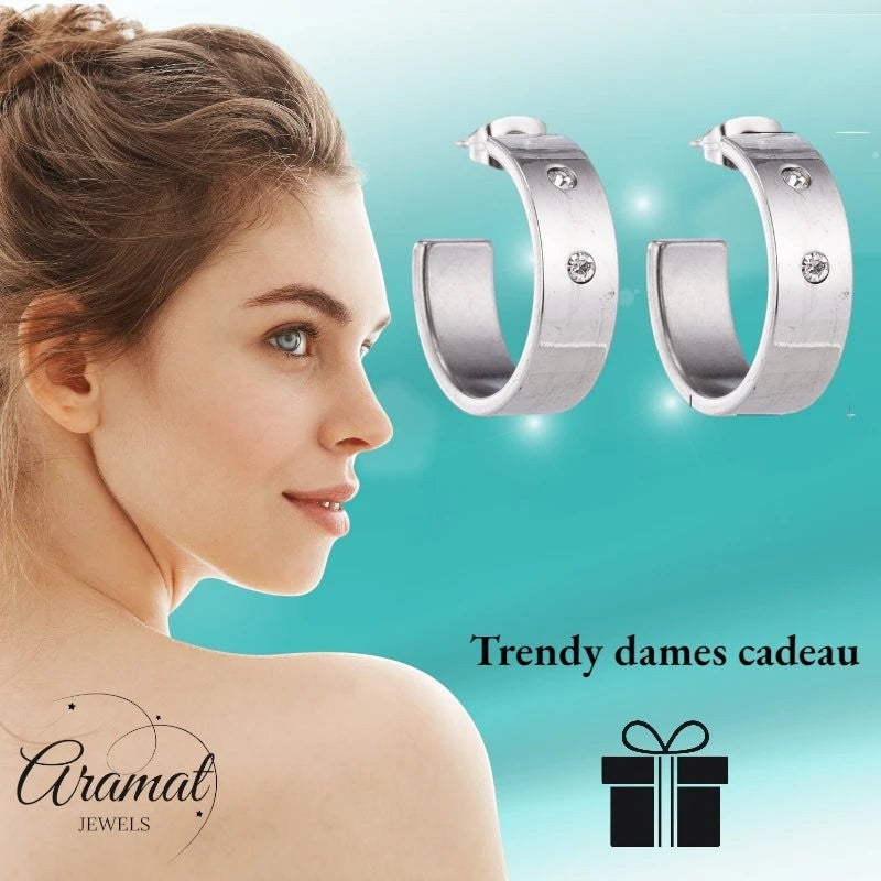 Oorbellen – 23mm Hoepel Creool 2 Zirkonia RVS Zilverkleur Unisex - Aramat Jewels - Oorringen - cadeautip