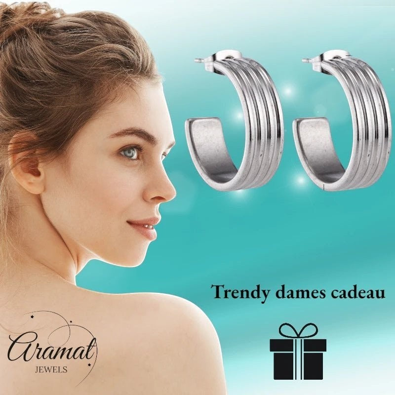 Oorbellen – 23mm Hoepel Creool 4 Lijnen RVS Zilverkleur Unisex - Aramat Jewels - Oorringen - cadeautip
