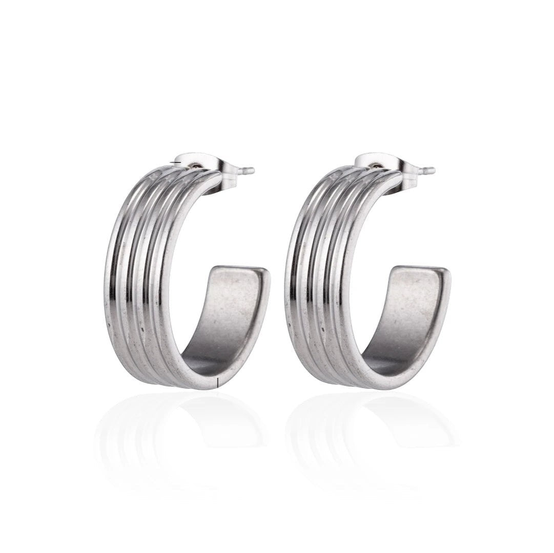 Oorbellen – 23mm Hoepel Creool 4 Lijnen RVS Zilverkleur Unisex - Aramat Jewels - Oorringen - cadeautip