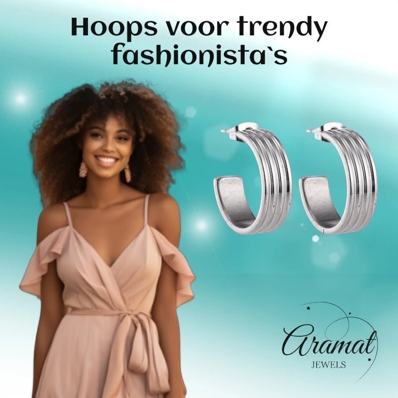 Oorbellen – 23mm Hoepel Creool 4 Lijnen RVS Zilverkleur Unisex - Aramat Jewels - Oorringen - cadeautip