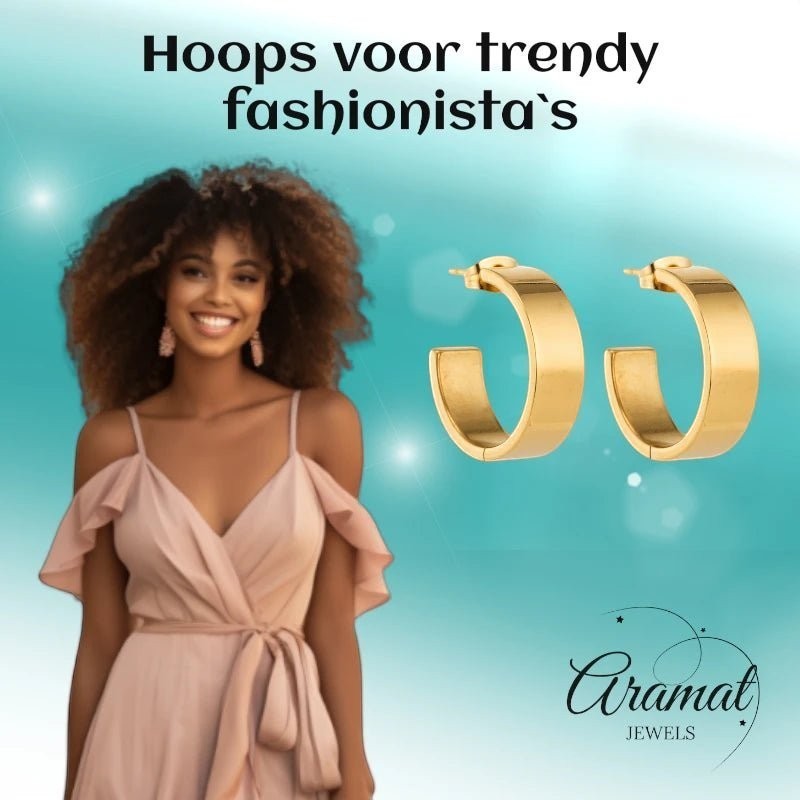 Oorbellen – 23mm Hoepel Creool Glad RVS Goudkleur Modern Unisex - Aramat Jewels - Oorringen - cadeautip