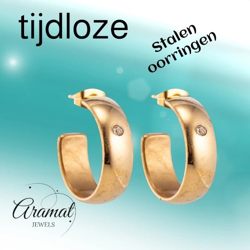 Oorbellen – 23mm Hoepel Creool Zirkonia Accent RVS Goudkleur Unisex - Aramat Jewels - Oorringen - cadeautip