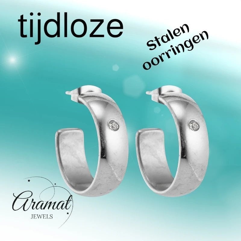 Oorbellen – 23mm Hoepel Creool Zirkonia Accent RVS Zilverkleur Unisex - Aramat Jewels - Oorringen - cadeautip