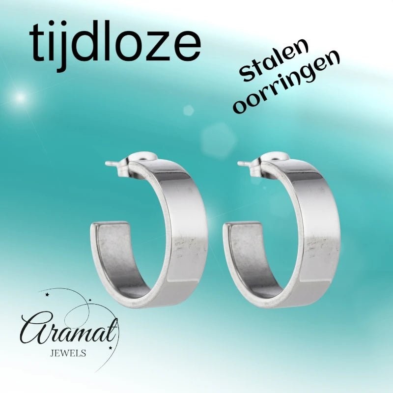 Oorbellen – 28mm Half - Hoop Glad RVS Zilverkleur Unisex - Aramat Jewels - Oorringen - cadeautip