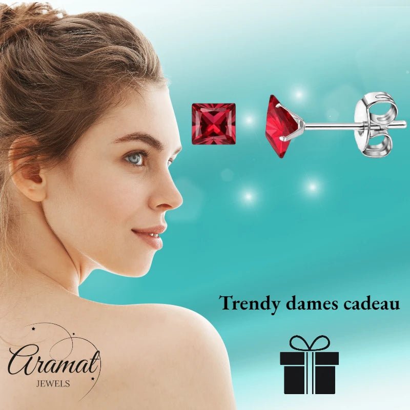 Oorbellen – 5mm Vierkante Zirkonia Rood op RVS Zilverkleur - Aramat Jewels - Oorbellen - cadeautip