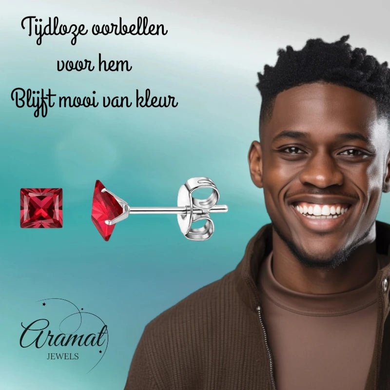 Oorbellen – 5mm Vierkante Zirkonia Rood op RVS Zilverkleur - Aramat Jewels - Oorbellen - cadeautip