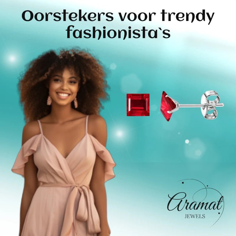 Oorbellen – 6mm Vierkante Zirkonia Rood op RVS Zilverkleur - Aramat Jewels - Oorbellen - cadeautip