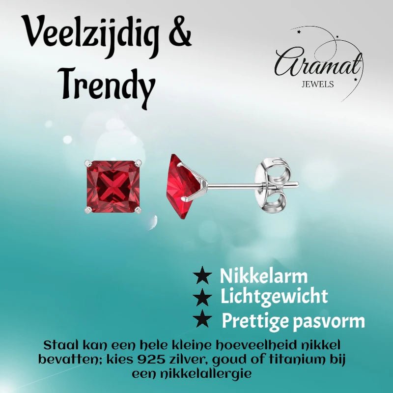 Oorbellen – 7mm Vierkante Zirkonia Rood op RVS Zilverkleur - Aramat Jewels - Oorbellen - cadeautip
