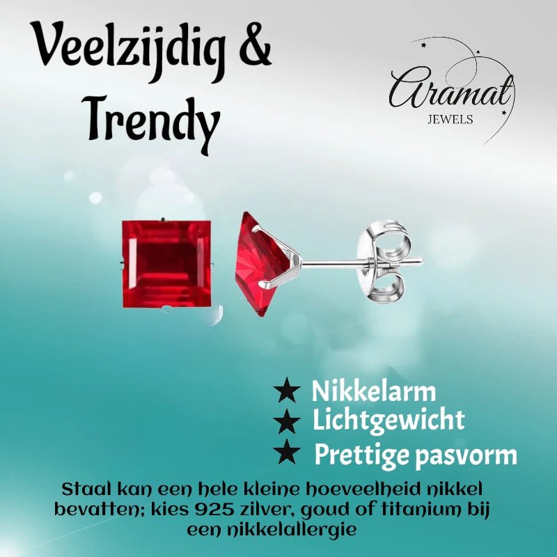 Oorbellen – 8mm Vierkante Zirkonia Rood op RVS Zilverkleur - Aramat Jewels - Oorbellen - cadeautip