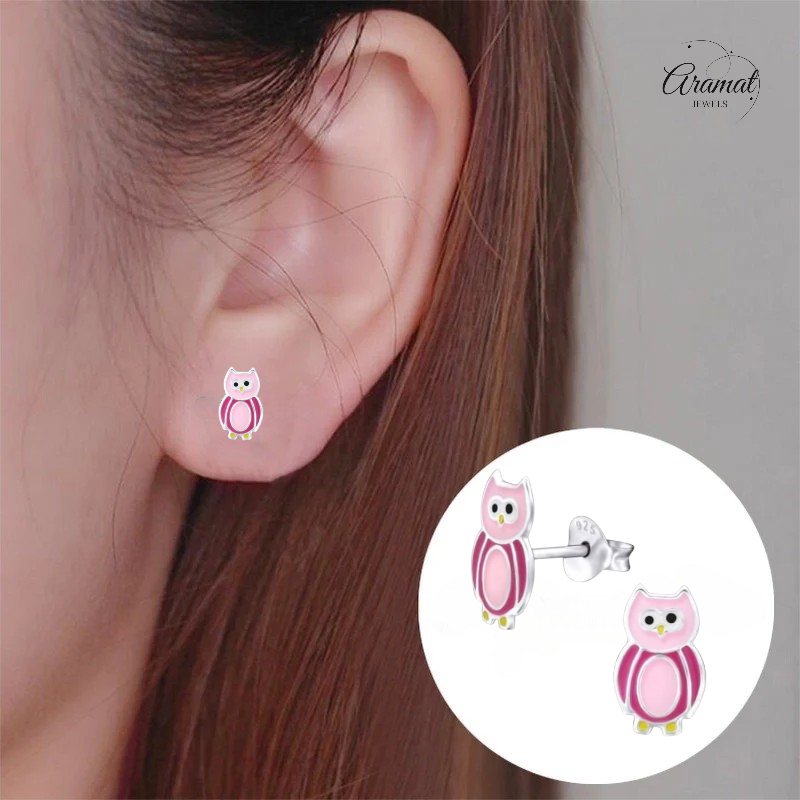 Zilveren Uiltjes Oorbellen Roze 10x6 mm