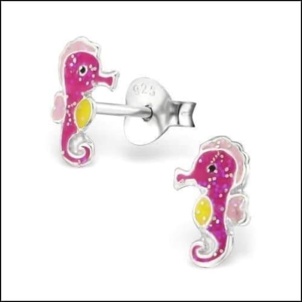 Zilveren Kinder Oorknopjes Zeepaardje Licht Roze - Donker - Geel - Glitter / 6 x 9 Mm | Oorbellen