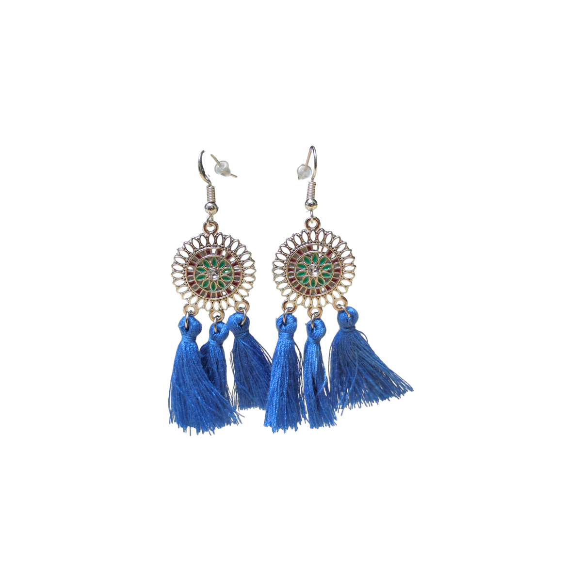 Boho Oorhangers Van Roestvrij Staal 75x21mm Met Zilveren Cirkels En Blauwe Kwastjes