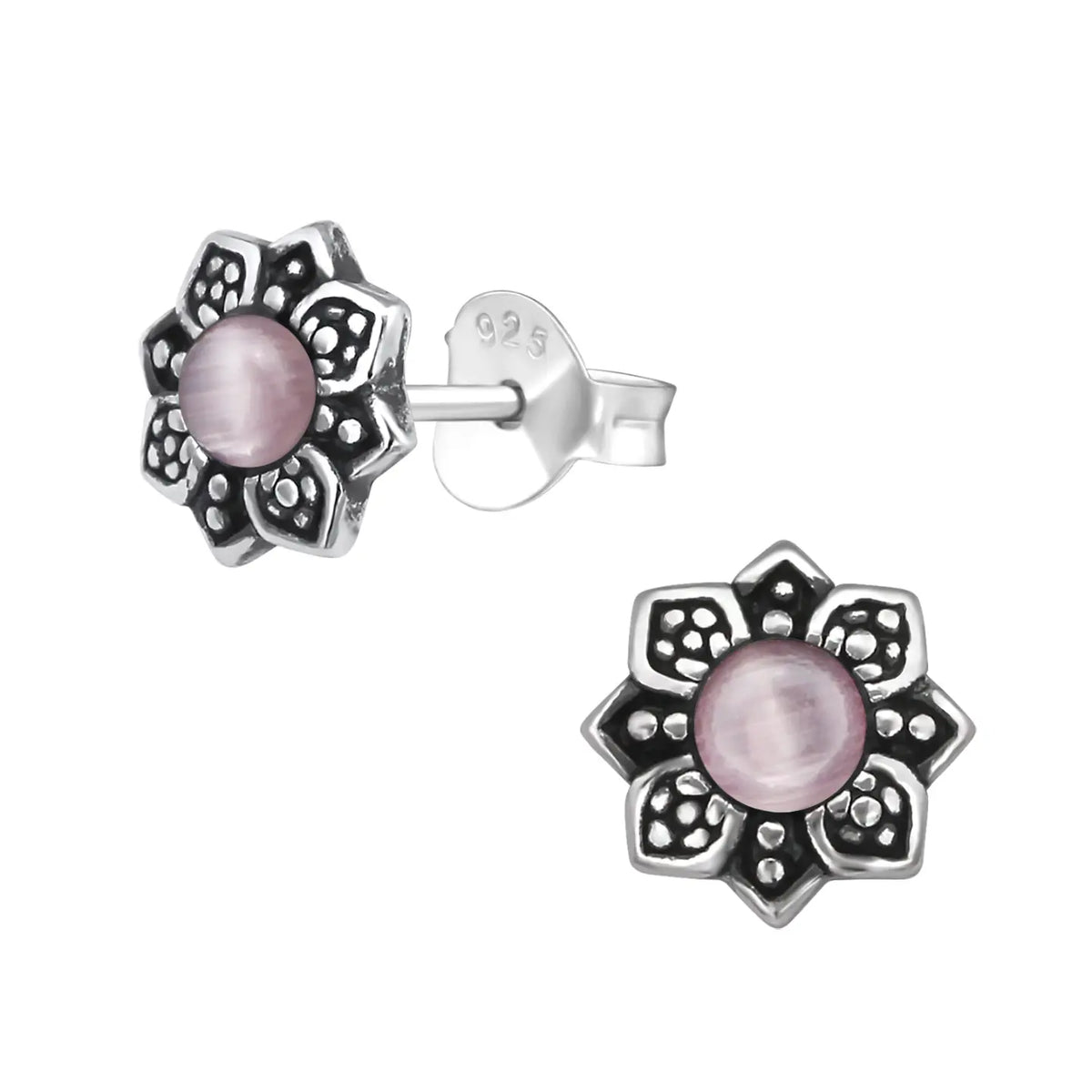 Bloem Oorknopjes met Cat Eye Steen - Zilveren Sieraden Licht Roze | Oorbellen