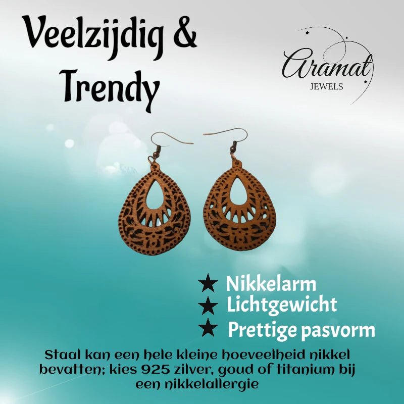 Oorbellen – Elegante Houten Oorhangers Druppelvorm Bruin Uitgewerkt Motief Dames - Aramat Jewels - Oorhangers - cadeautip