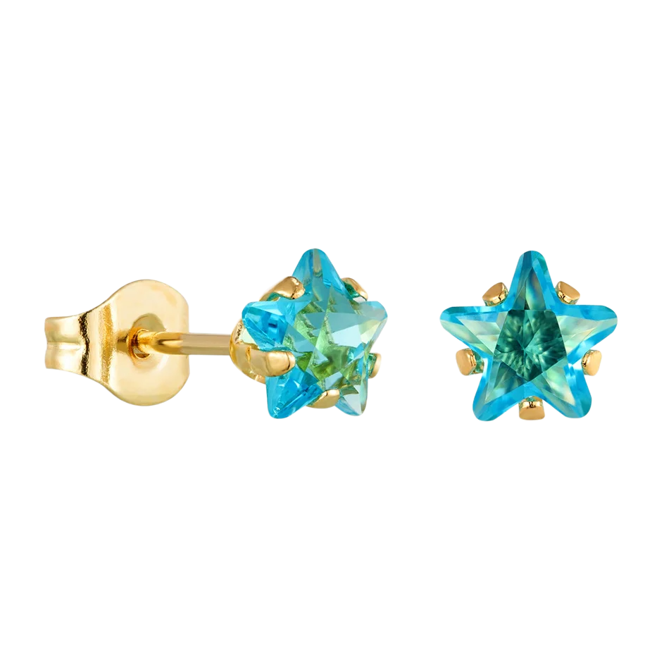 Goudkleurige Ster Oorbellen Met Aqua Blauwe Zirkonia Studs