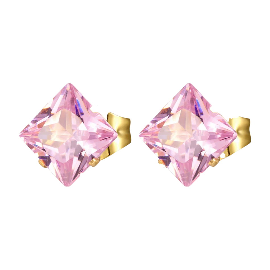 Goudkleurige Vierkante Oorbellen Met Roze Zirkonia Studs Van Roestvrij Staal