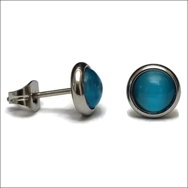 Blauwe Glazen Stud Oorbellen Met Kattenoog Steen - Chirurgisch Stalen Oorbellen Zweerknopjes Cats Eye