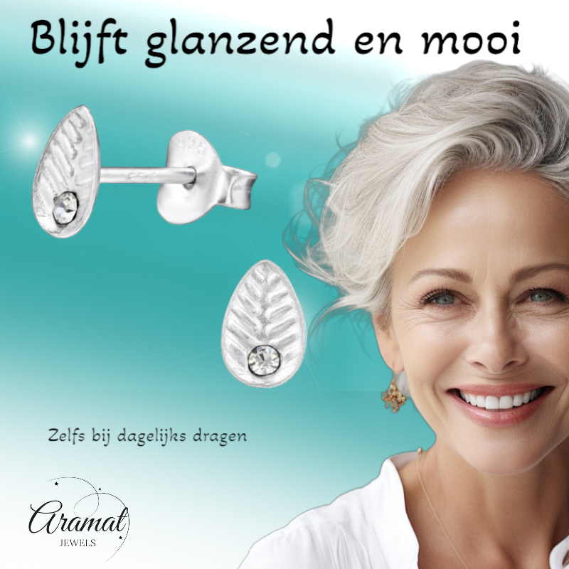 Zilveren Blaadje Oorbellen Kristal – 6x4mm