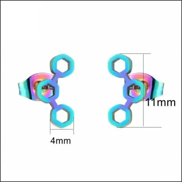 Blauwe En Roze Metalen Oorbellen In Zeshoekige Vorm - Stalen Oorbellen Zeshoek Zweerknopjes