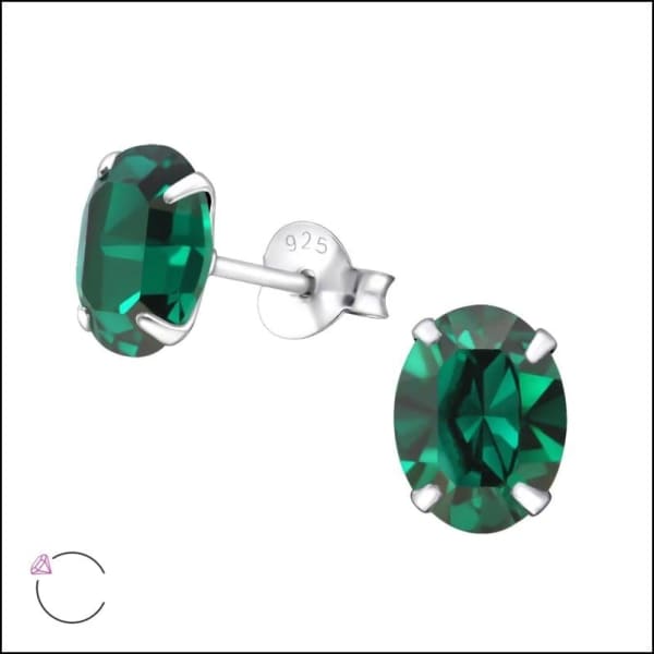 Zilveren Kristallen Oorknopjes Ovaal 8x6mm / Emerald Groen | Oorbellen