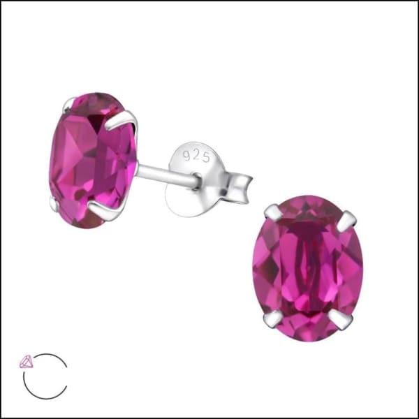 Zilveren Kristallen Oorknopjes Ovaal 8x6mm / Fuchsia Roze | Oorbellen