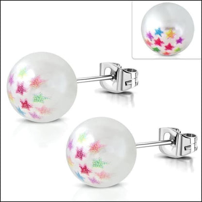 Witte Glazen Bal Oorbellen Met Kleurrijke Bloemen Van ’stalen Parel Oorbellen 9.5mm-’