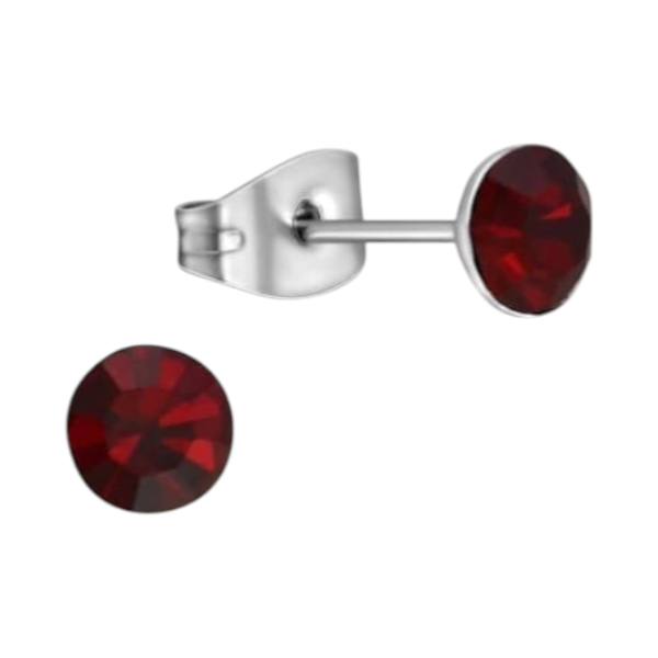 Stalen Kristal Oorbellen met donkerrood steentje – Zilverkleur – 5mm