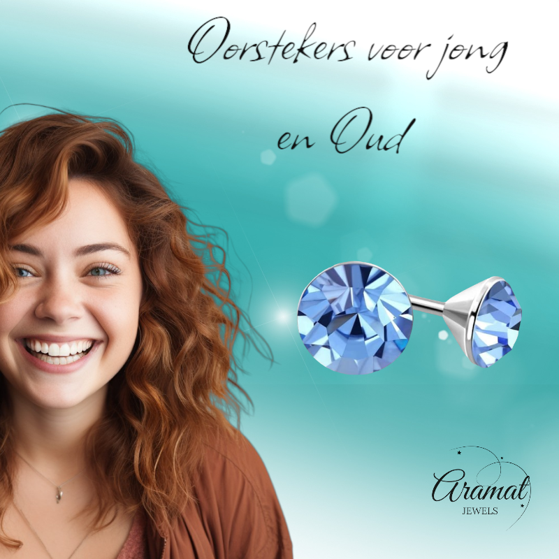 Stalen Kristal Oorbellen met lichtblauw steentje – Zilverkleur – 3mm