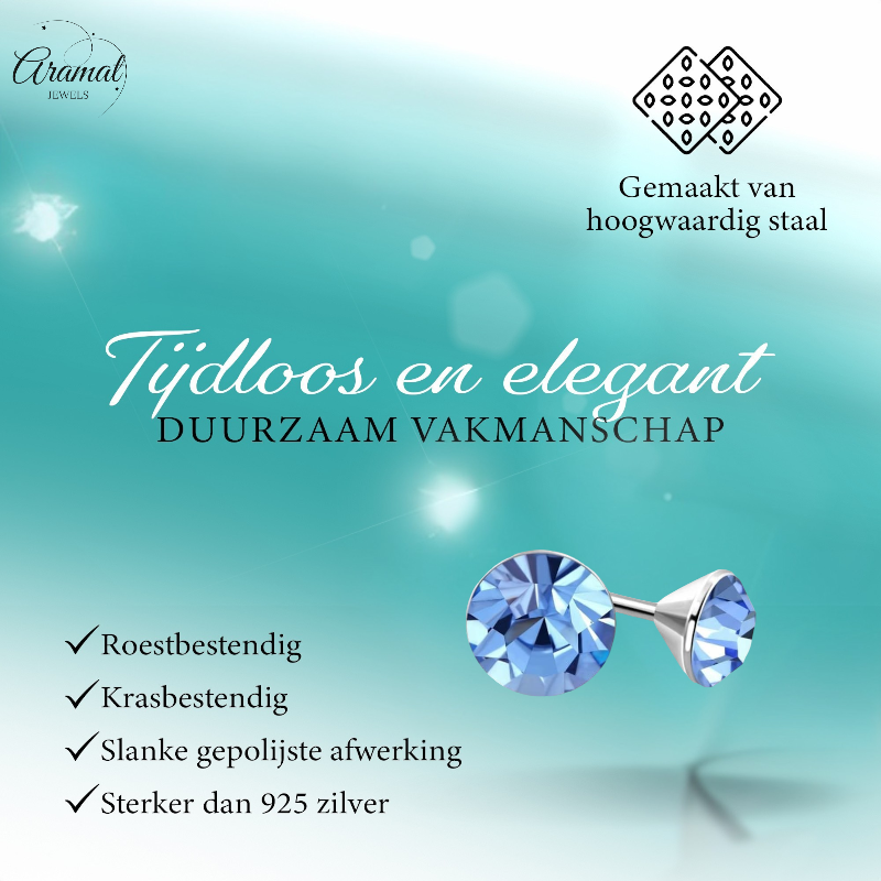 Stalen Kristal Oorbellen met lichtblauw steentje – Zilverkleur – 3mm