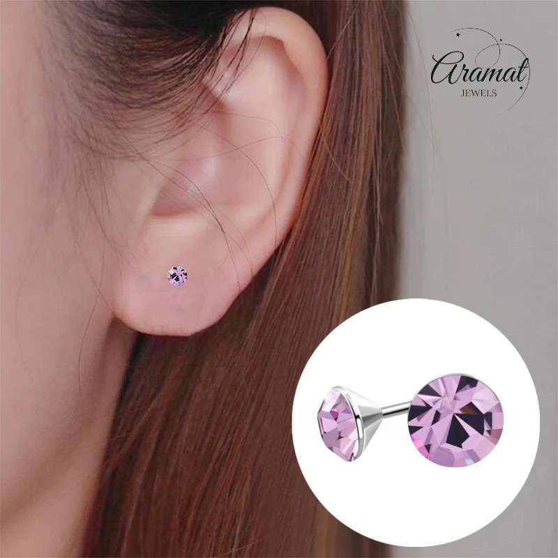 Lila Kristallen Oorstekers – 3mm – RVS