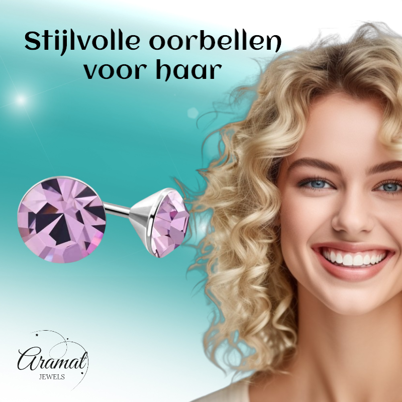 Lila Kristallen Oorstekers – 3mm – RVS