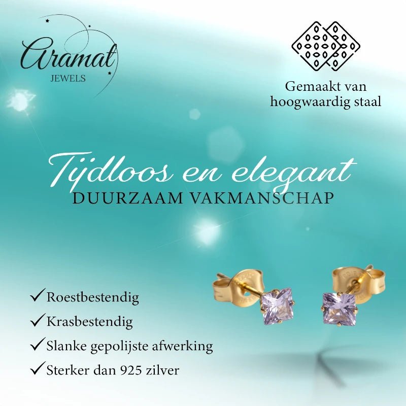 Oorbellen – RVS Goudkleur met Lila Vierkante Zirkonia (4mm) - Aramat Jewels - Oorbellen - cadeautip