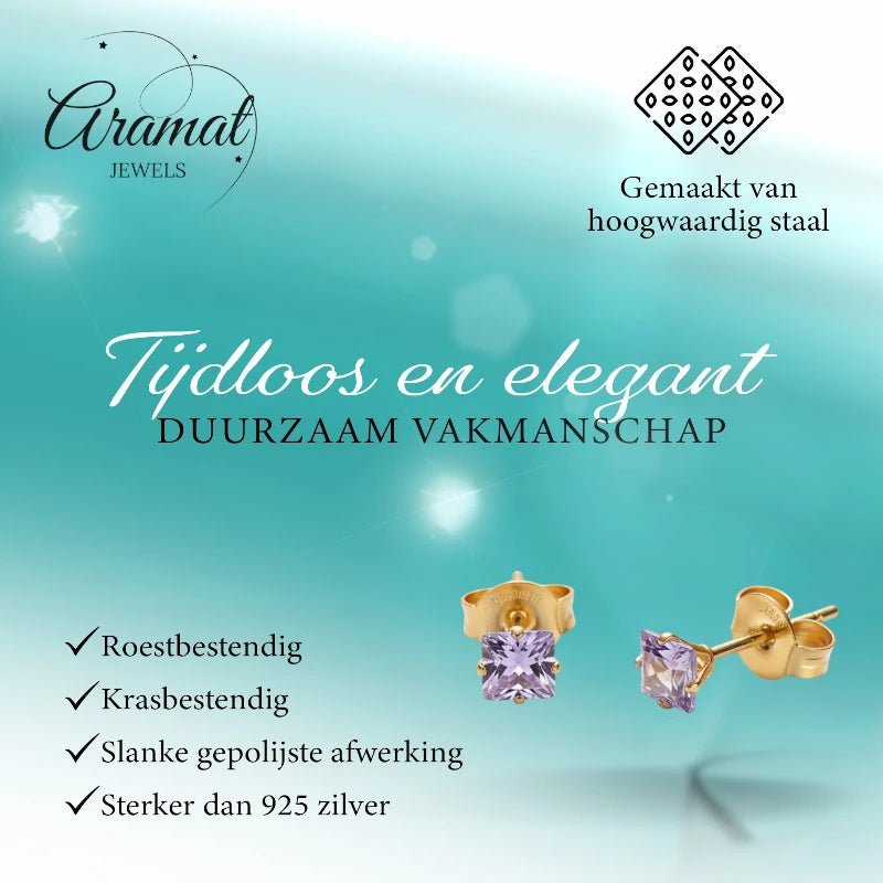 Oorbellen – RVS Goudkleur met Lila Vierkante Zirkonia (5mm) - Aramat Jewels - Oorbellen - cadeautip