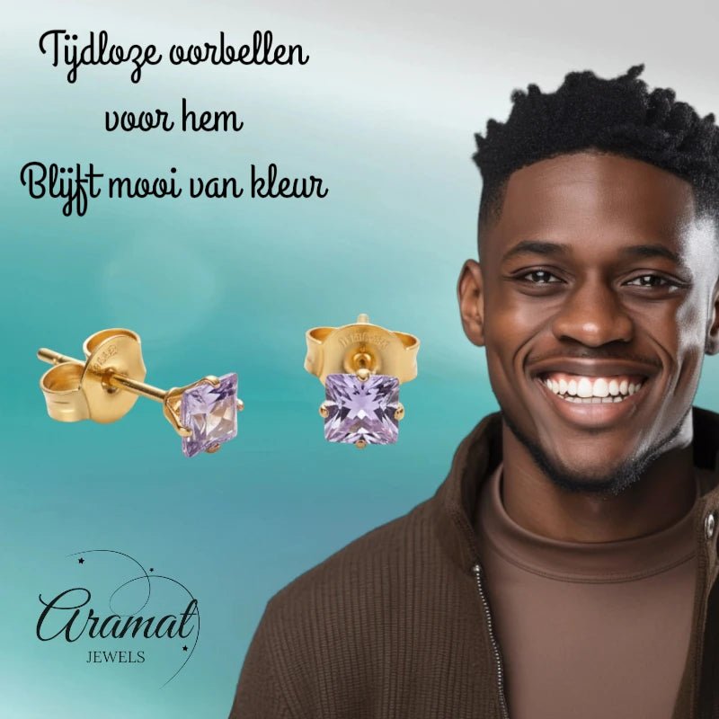 Oorbellen – RVS Goudkleur met Lila Vierkante Zirkonia (5mm) - Aramat Jewels - Oorbellen - cadeautip