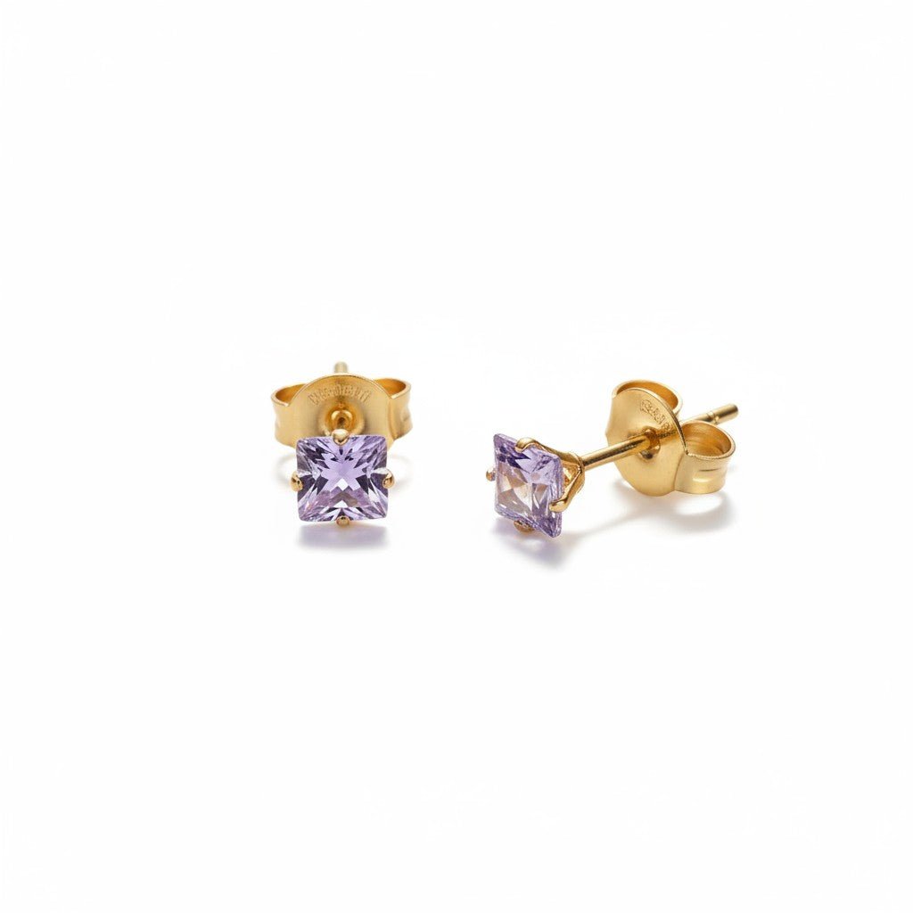 Oorbellen – RVS Goudkleur met Lila Vierkante Zirkonia (5mm) - Aramat Jewels - Oorbellen - cadeautip