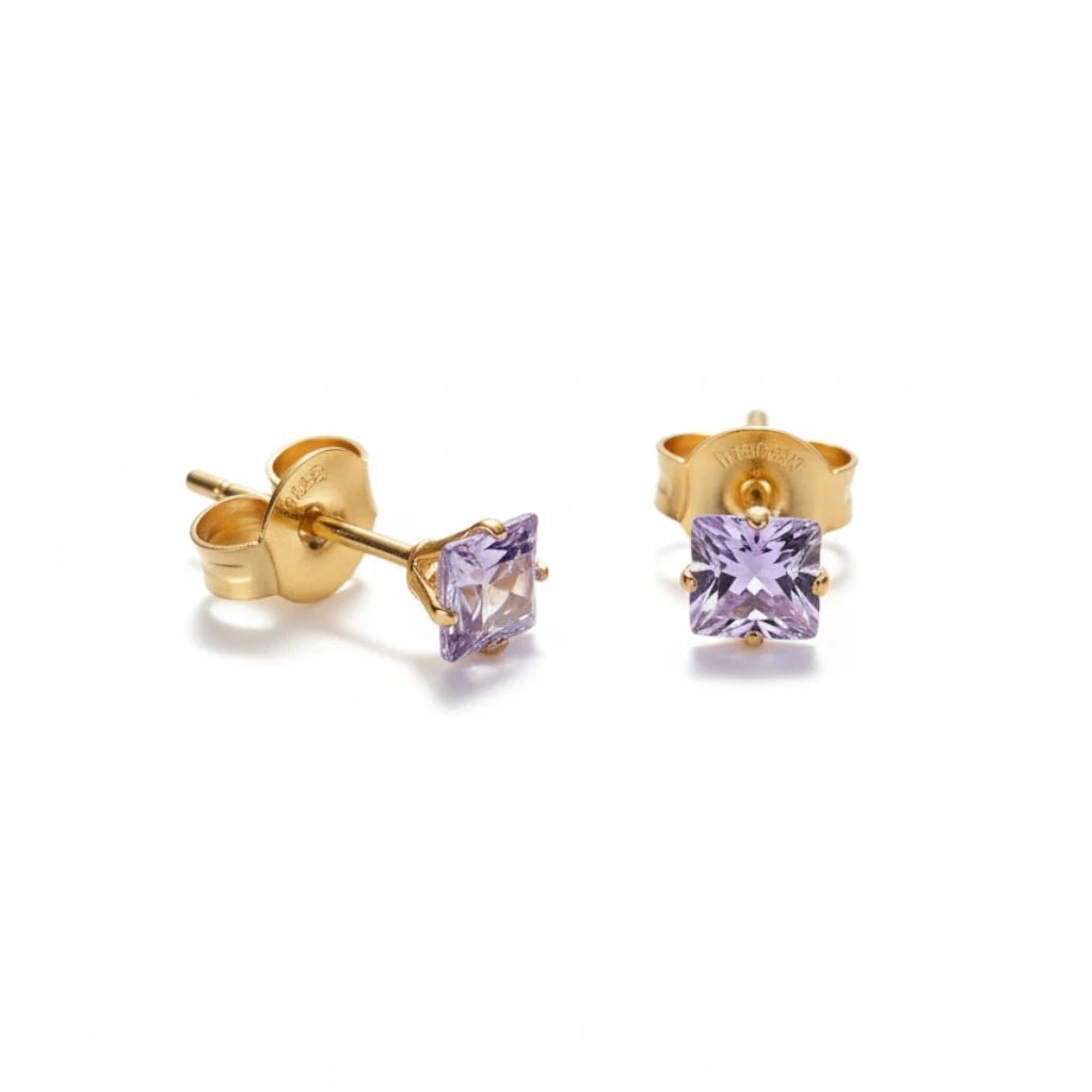 Oorbellen – RVS Goudkleur met Lila Vierkante Zirkonia (5mm) - Aramat Jewels - Oorbellen - cadeautip