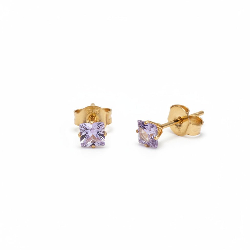 Oorbellen – RVS Goudkleur met Lila Vierkante Zirkonia (5mm) - Aramat Jewels - Oorbellen - cadeautip