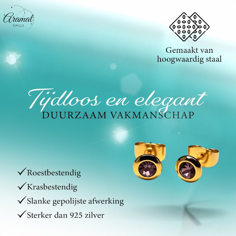 Oorbellen – RVS Goudkleurig met Licht Paars Kristal (6mm) - Aramat Jewels - Oorbellen - cadeautip