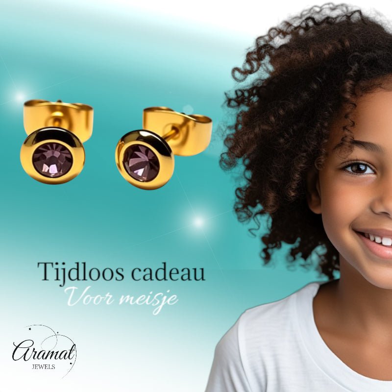Oorbellen – RVS Goudkleurig met Licht Paars Kristal (6mm) - Aramat Jewels - Oorbellen - cadeautip