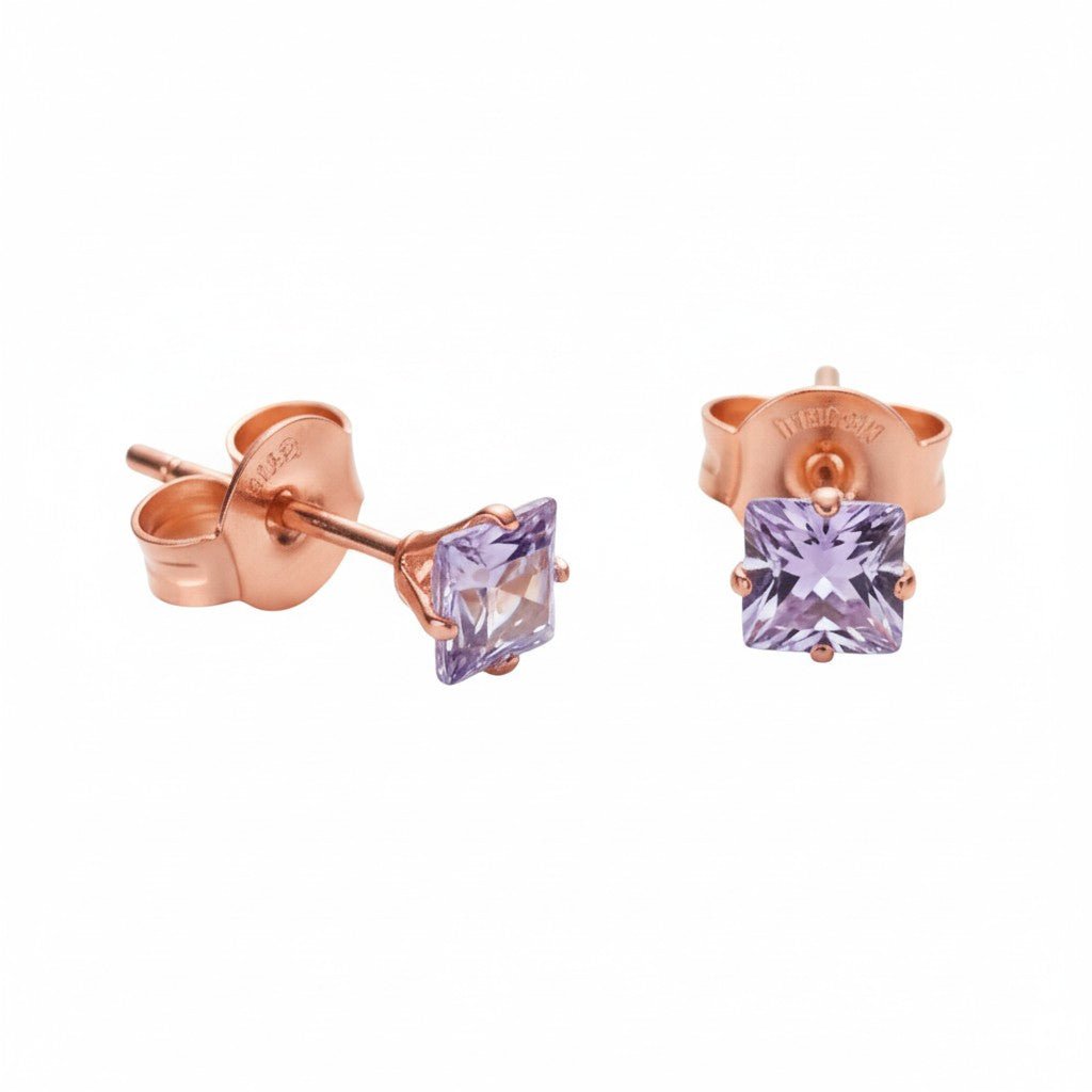 Oorbellen – RVS Roségoudkleur met Lila Vierkante Zirkonia (3mm) - Aramat Jewels - Oorbellen - cadeautip