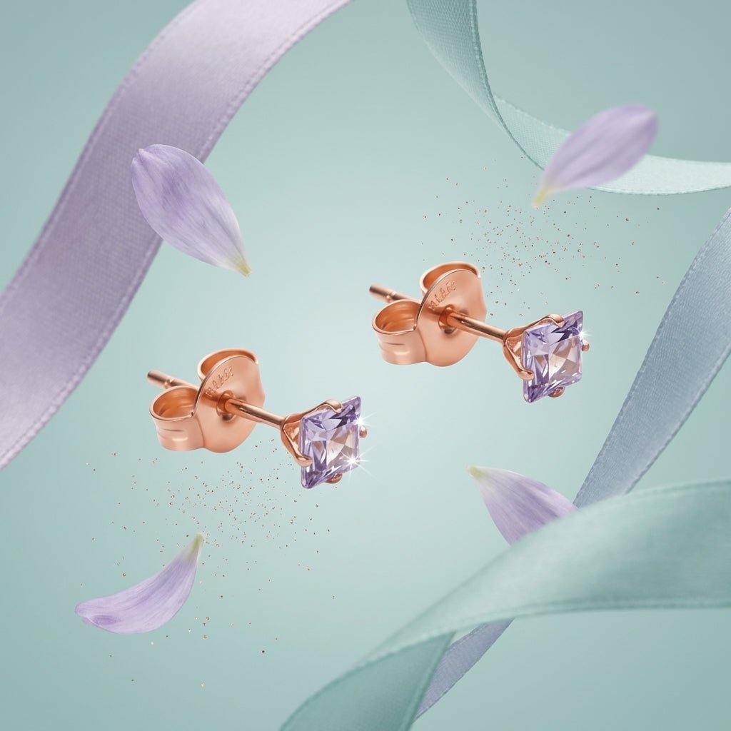 Oorbellen – RVS Roségoudkleur met Lila Vierkante Zirkonia (3mm) - Aramat Jewels - Oorbellen - cadeautip