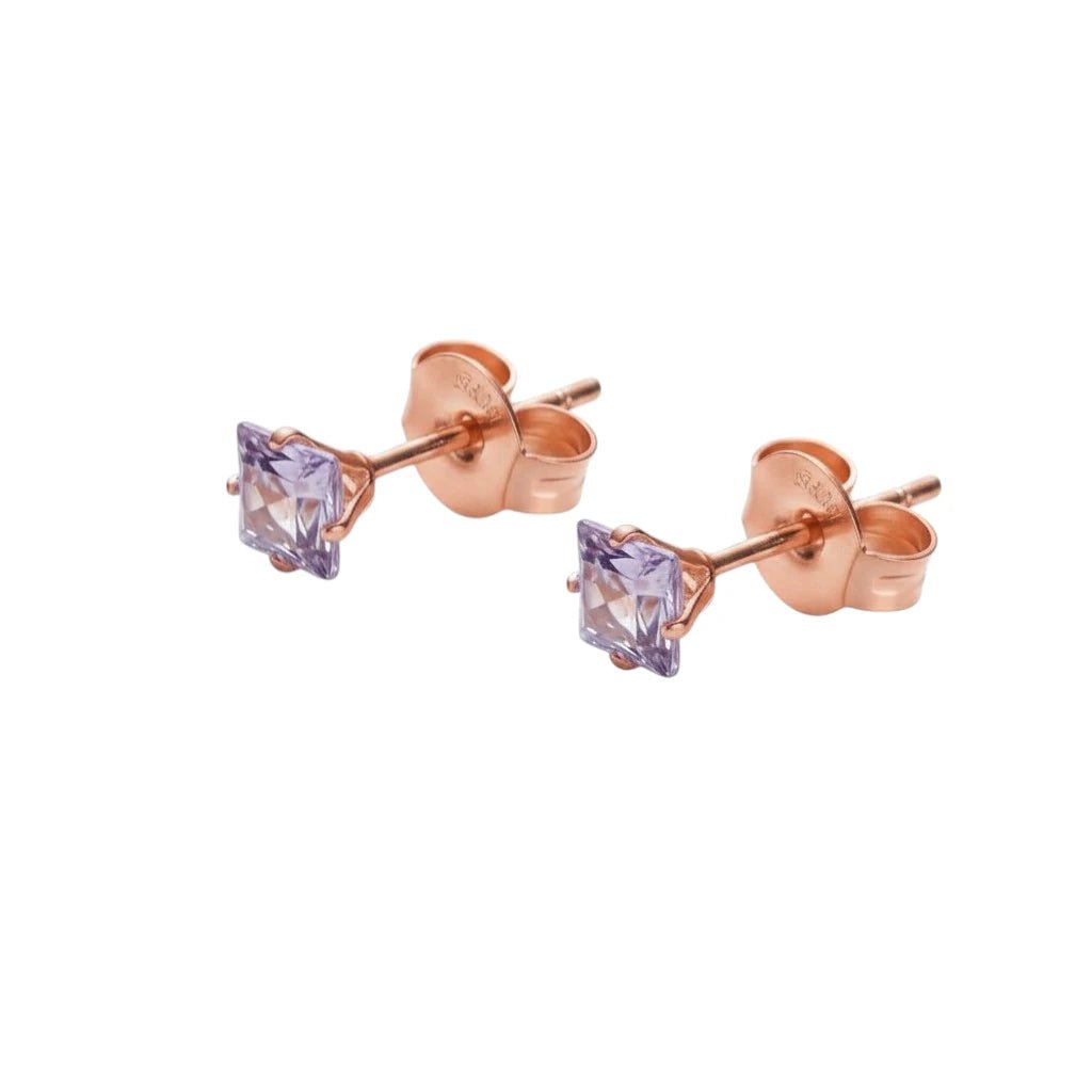 Oorbellen – RVS Roségoudkleur met Lila Vierkante Zirkonia (4mm) - Aramat Jewels - Oorbellen - cadeautip
