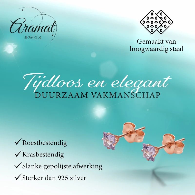Oorbellen – RVS Roségoudkleur met Lila Vierkante Zirkonia (4mm) - Aramat Jewels - Oorbellen - cadeautip