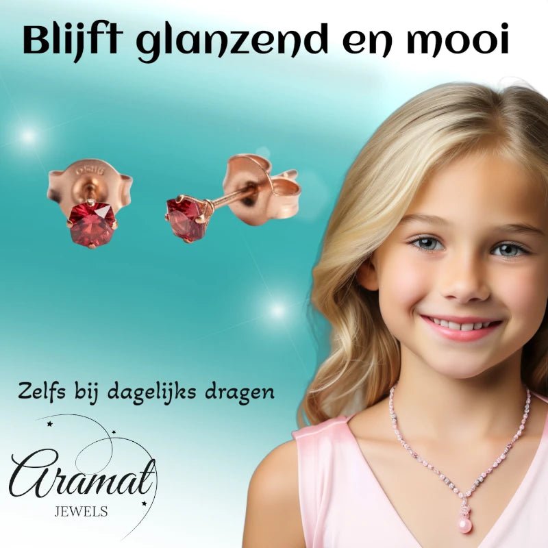Oorbellen – RVS Roségoudkleur met Rode Vierkante Zirkonia (3mm) - Aramat Jewels - Oorbellen - cadeautip