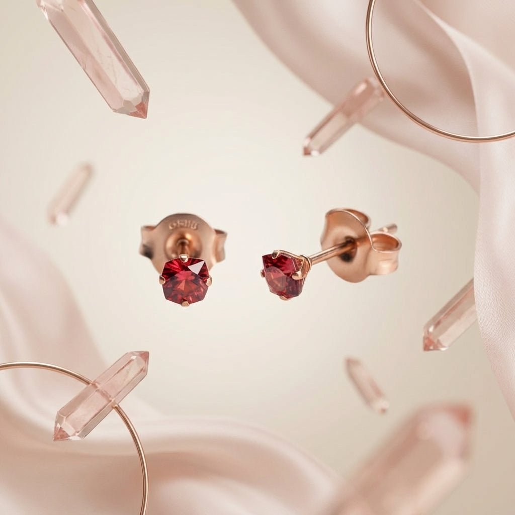 Oorbellen – RVS Roségoudkleur met Rode Vierkante Zirkonia (3mm) - Aramat Jewels - Oorbellen - cadeautip