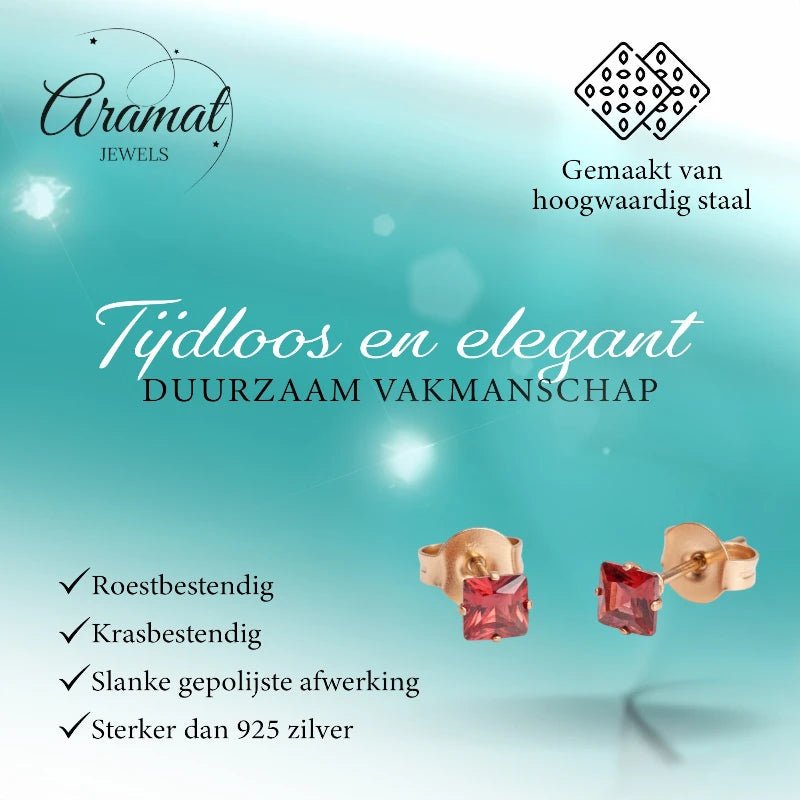 Oorbellen – RVS Roségoudkleur met Rode Vierkante Zirkonia (4mm) - Aramat Jewels - Oorbellen - cadeautip