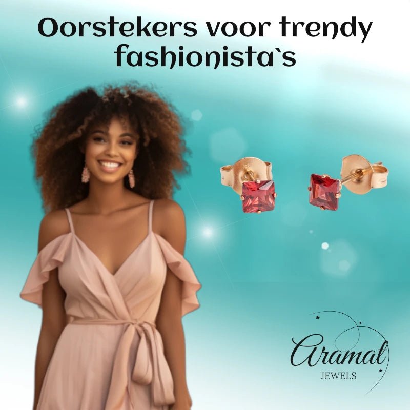 Oorbellen – RVS Roségoudkleur met Rode Vierkante Zirkonia (4mm) - Aramat Jewels - Oorbellen - cadeautip