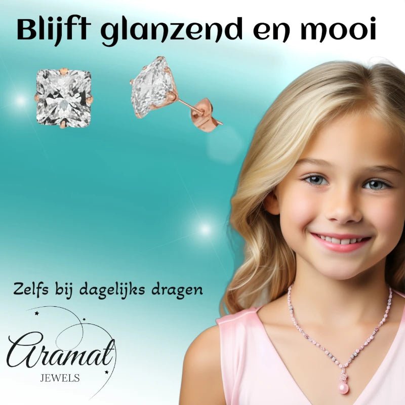 Oorbellen – RVS Roségoudkleur met Vierkante Zirkonia (3mm) - Aramat Jewels - Oorbellen - cadeautip