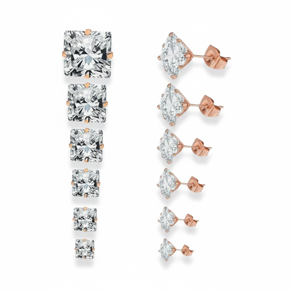 Oorbellen – RVS Roségoudkleur met Vierkante Zirkonia (3mm) - Aramat Jewels - Oorbellen - cadeautip