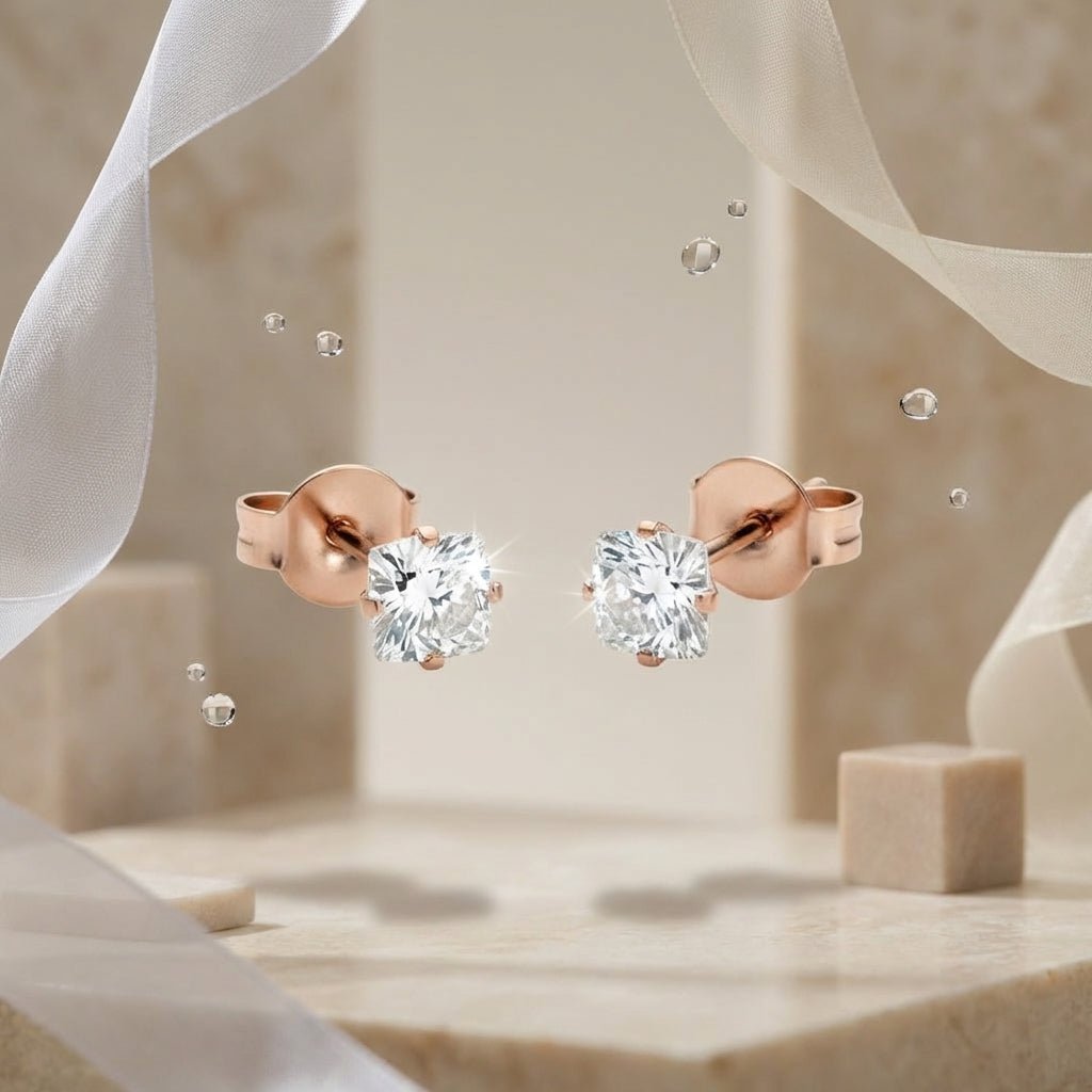 Oorbellen – RVS Roségoudkleur met Vierkante Zirkonia (4mm) - Aramat Jewels - Oorbellen - cadeautip